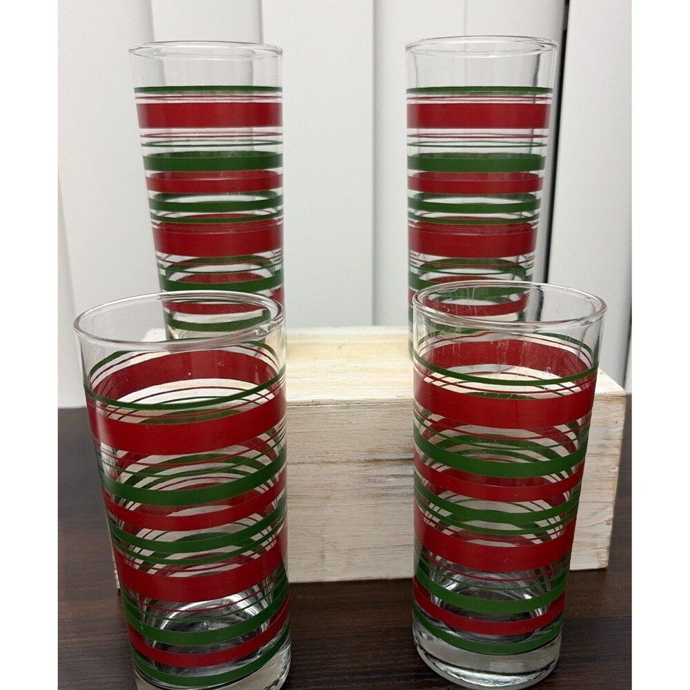 Set Of 4 Vtg Red & Green Striped Ice Tea Glasses Retro Christmas